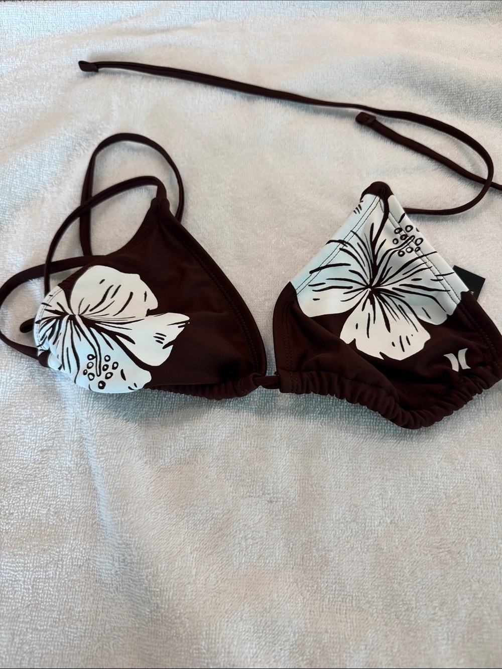 Hurley Brown and White Floral Triangle Bikini Top